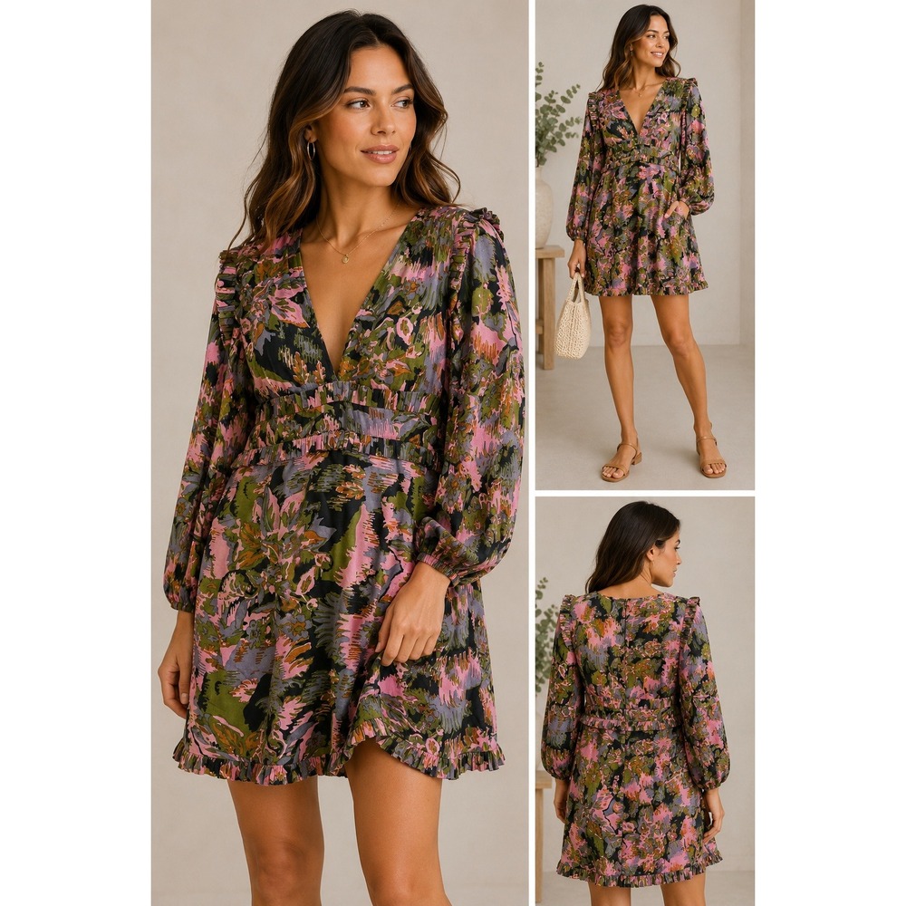 Cleobella Stevie Pleated-Trim Tulip Mini Dress Viscose Abstract Floral Large